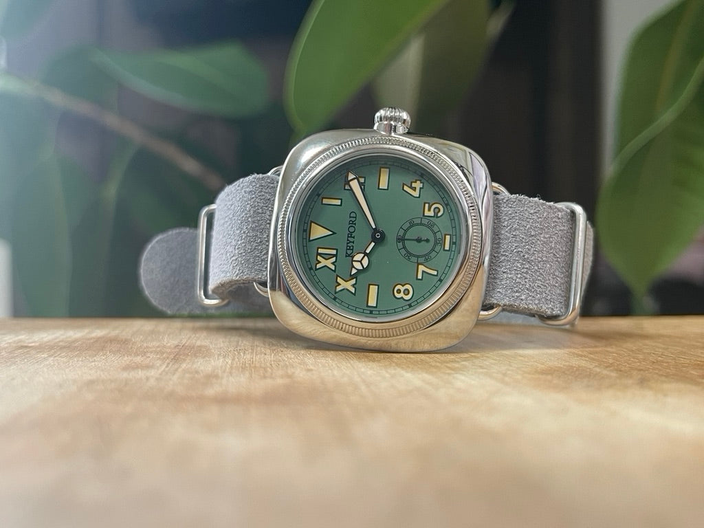Cushion watch California dial smoky green