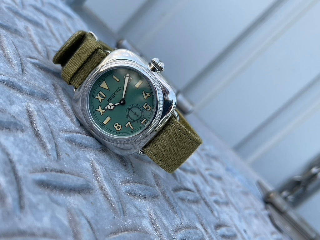 Cushion watch California dial smoky green
