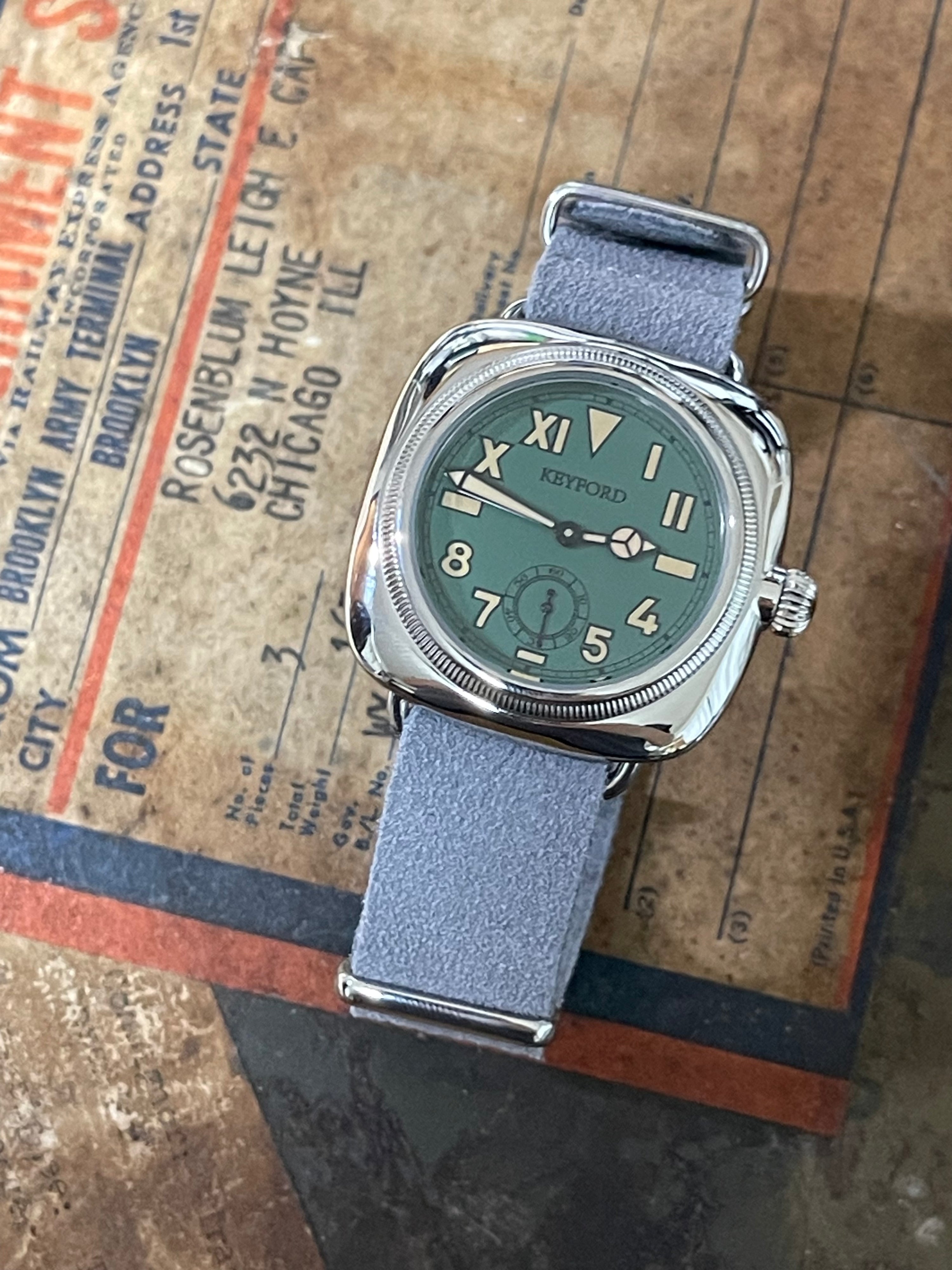 Cushion watch California dial smoky green