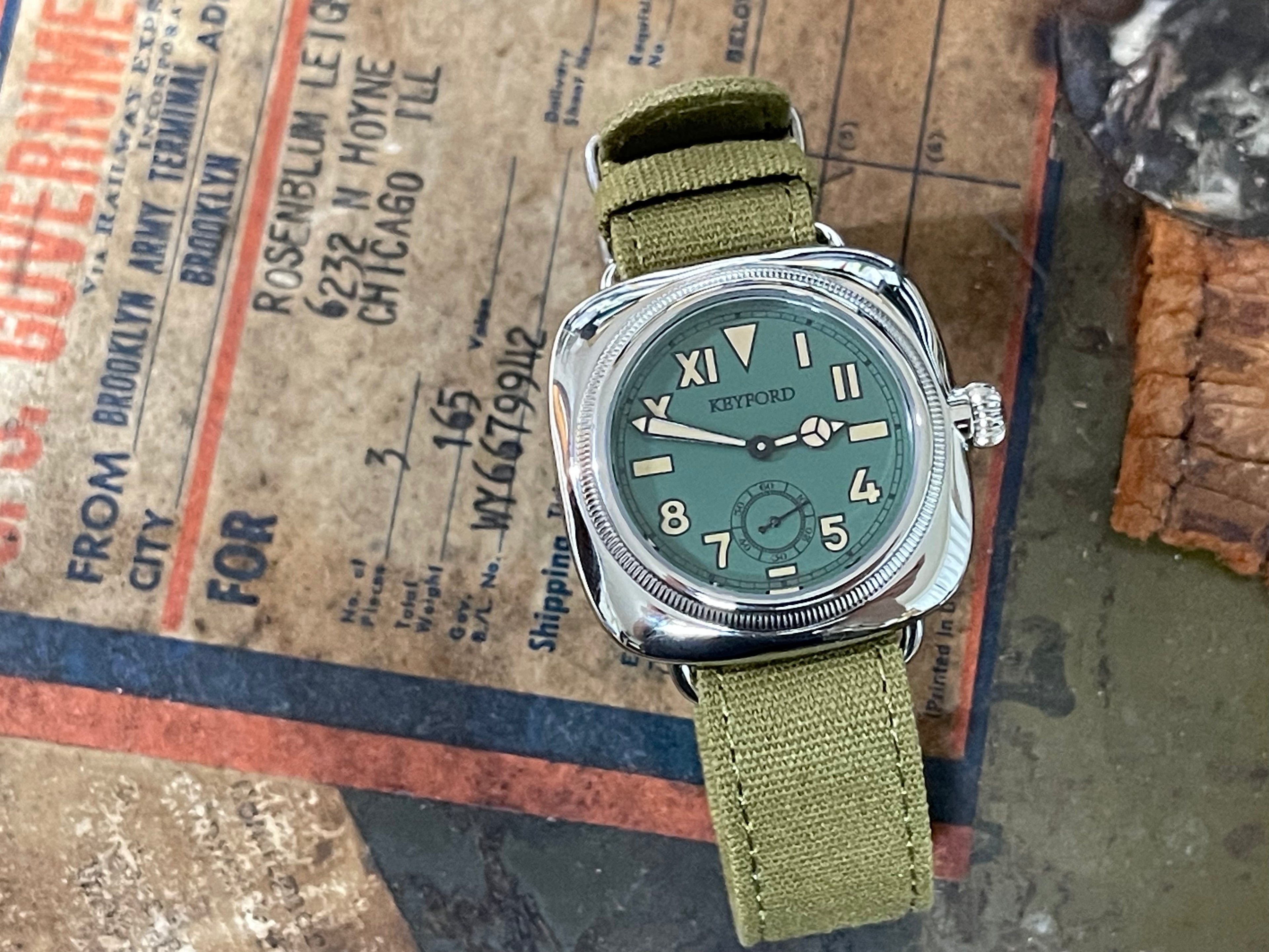 Cushion watch California dial smoky green